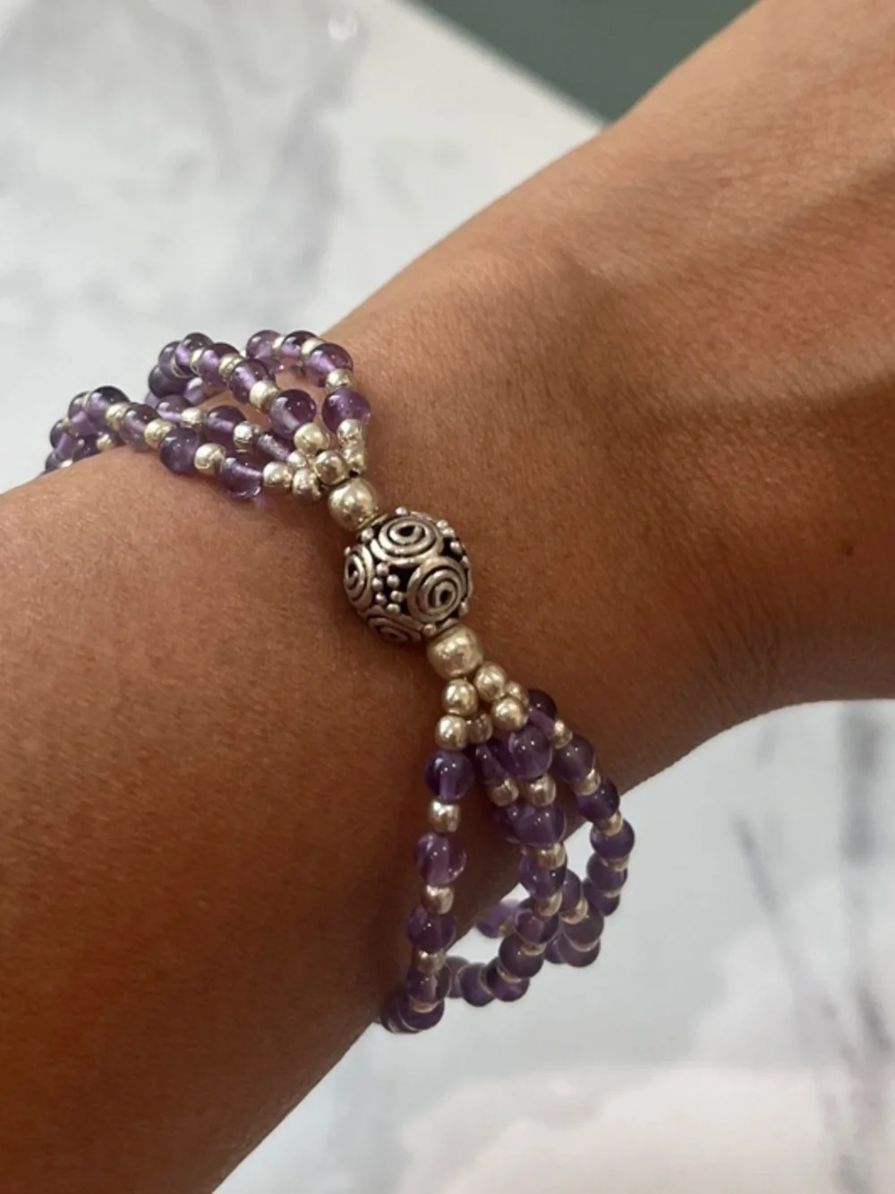 Triple-Strand Purple Amethyst Gemstones Bracelet with Sterling Silver Accents
